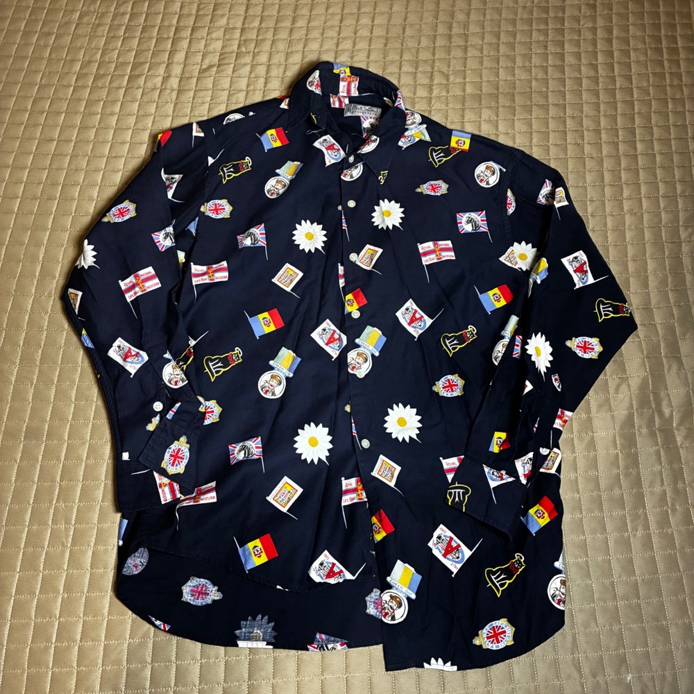 Vintage Paul Smith Sportswear Navy Novelty Print Button Up Shirt Mens XL British